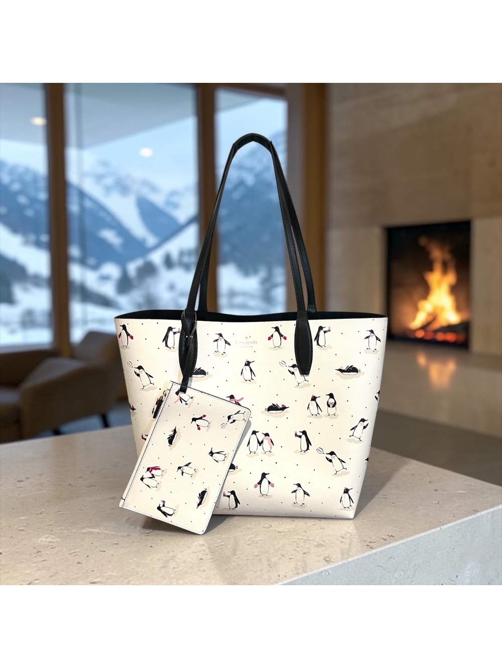 Kate Spade New York Large Reversible Penguin Tote Leather Bag Wristlet White
